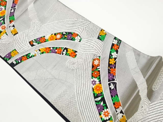 リサイクル　竹に花々模様織出し袋帯